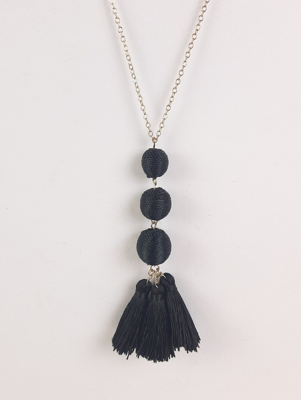 Black tassel necklace three fabric-wrapped beads long fringe Tassel Pendant